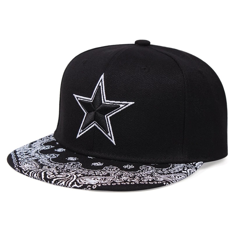 Wholesale Custom Camouflage Snapback Cap with Embroidered Star and Paisley Flat Brim