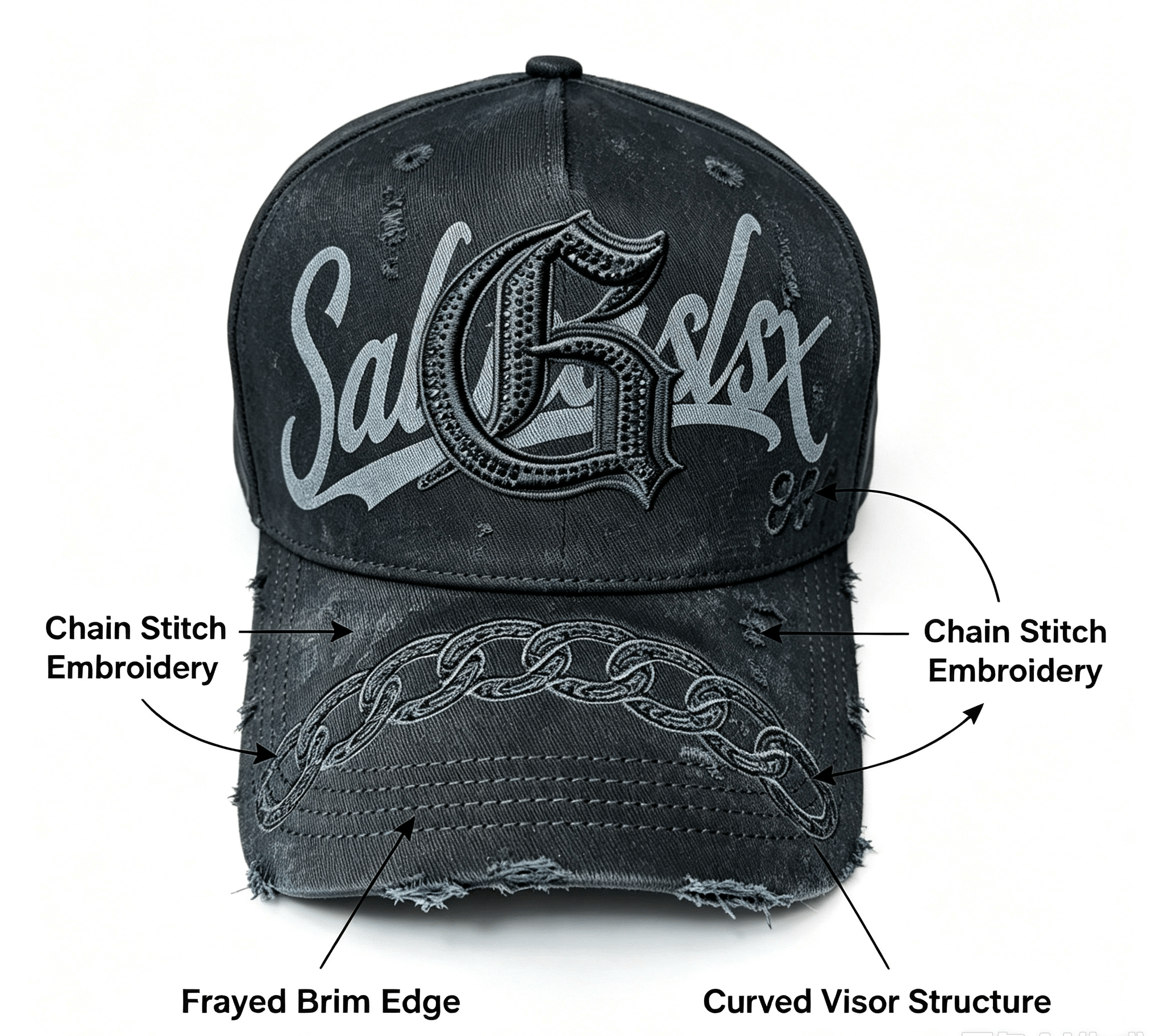 cap adopts a distressed frayed finish