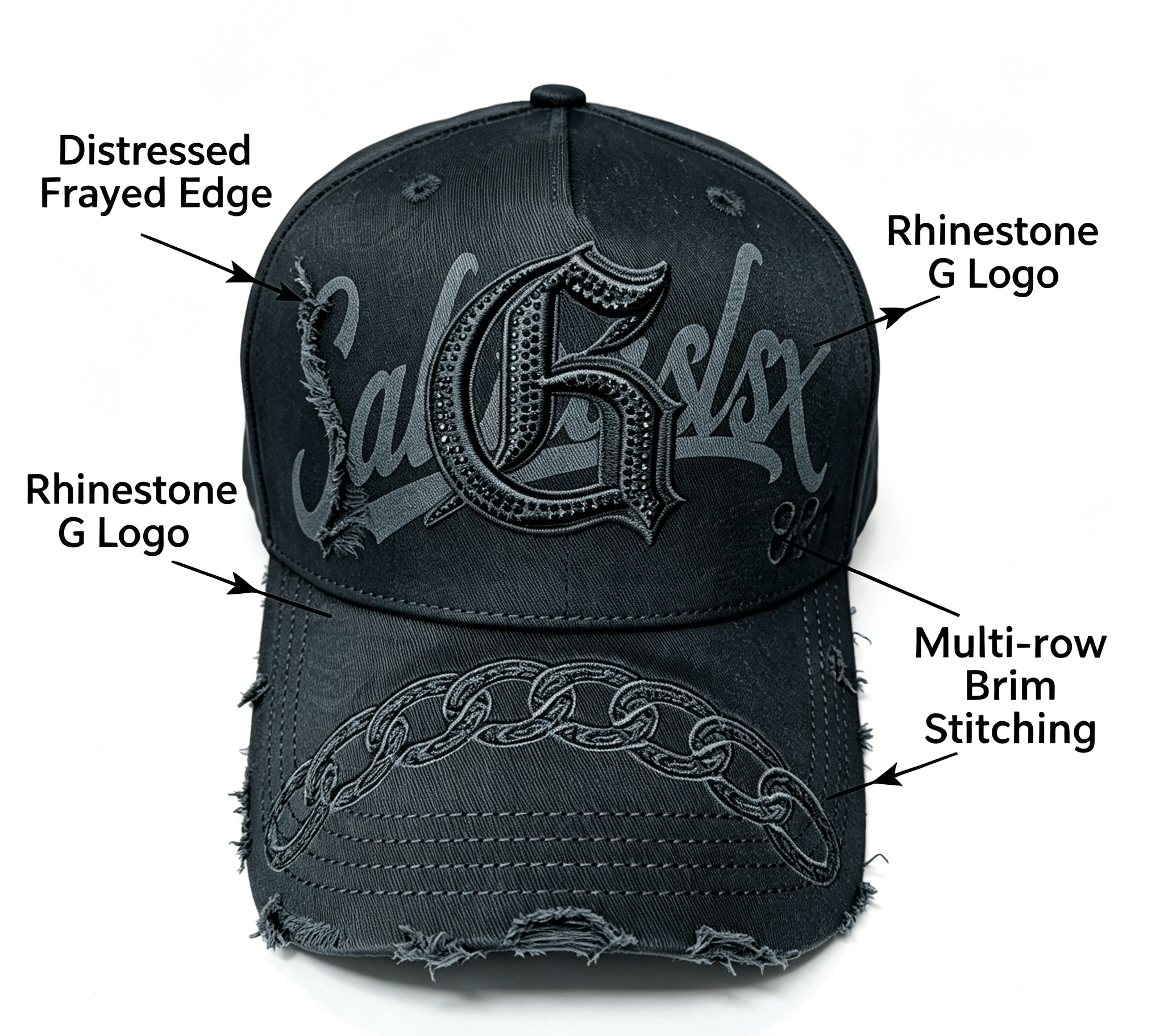 cap adopts a distressed frayed finish