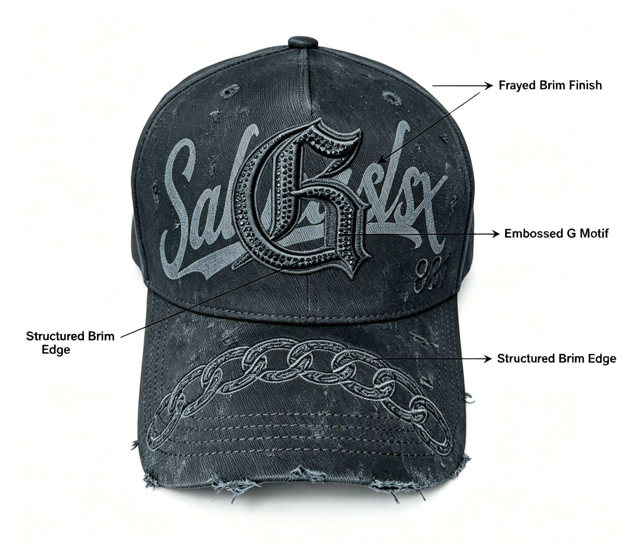 cap adopts a distressed frayed finish