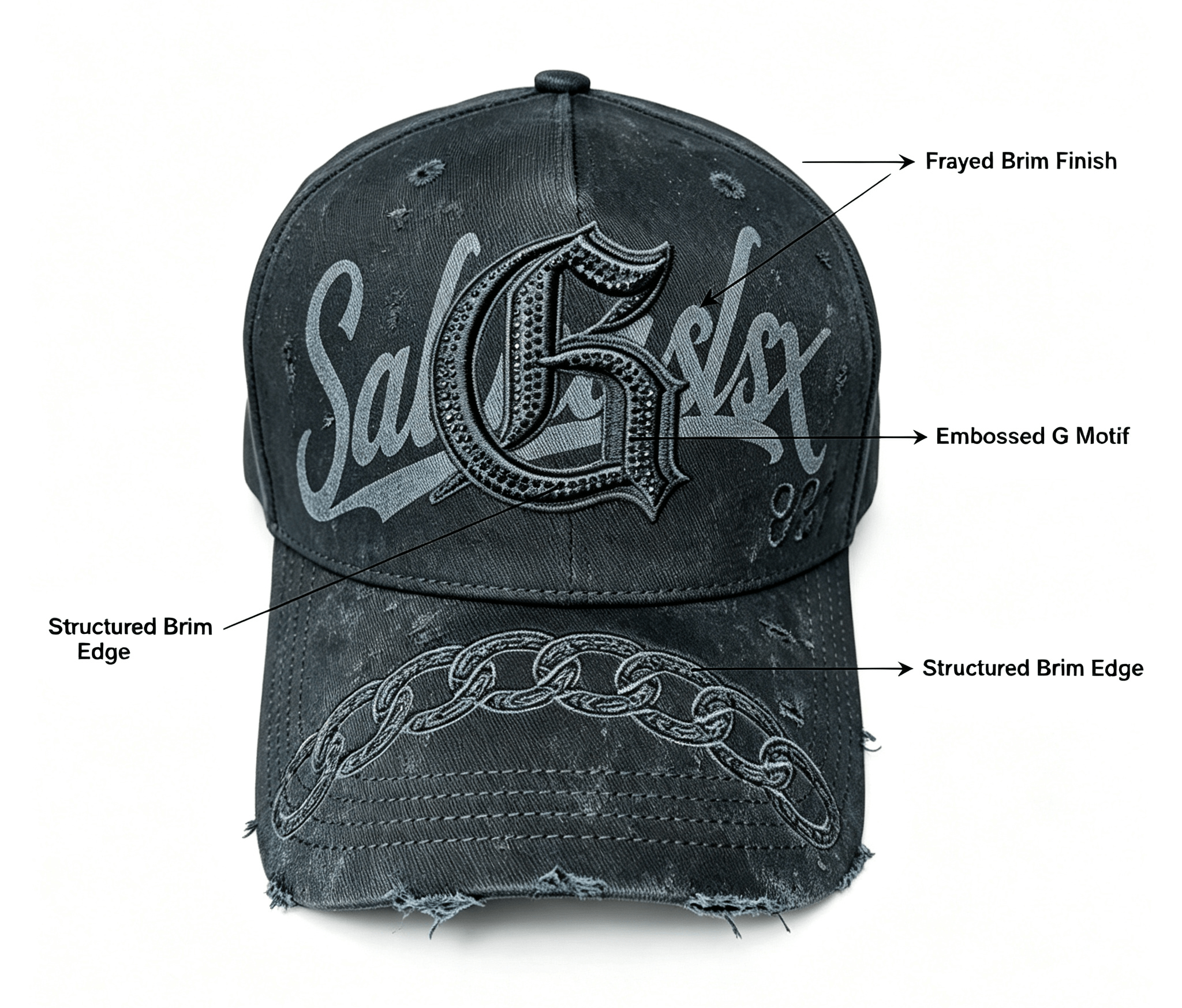 cap adopts a distressed frayed finish
